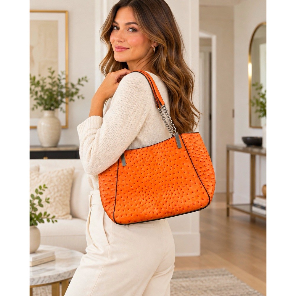 Emilie M Nancy Orange Faux Ostrich Shoulder Bag Chain Handle Leopard Lining Tote